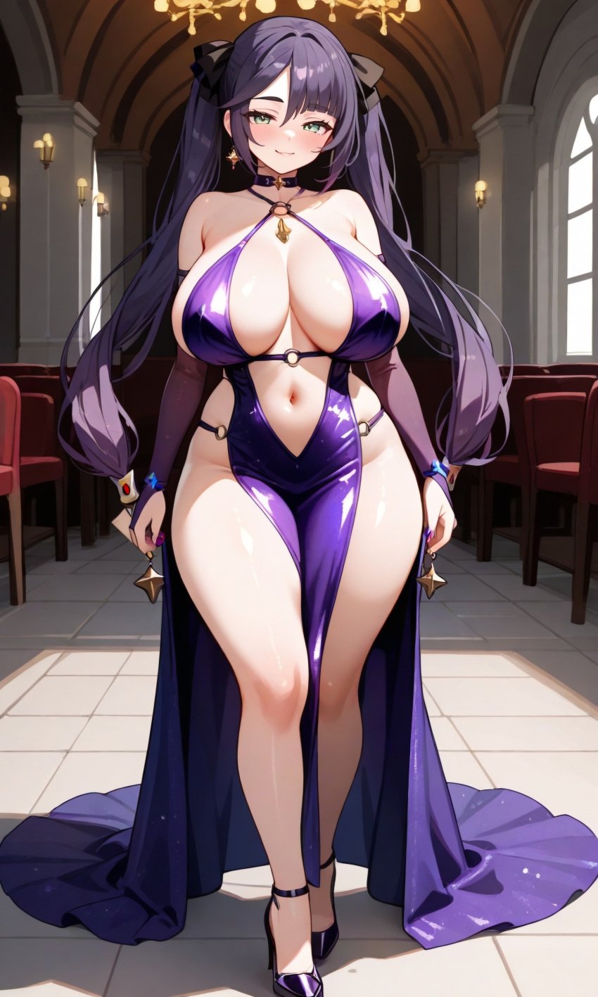 ai_generated big_breasts black_hair breasts dress genshin_impact green_eyes high_heels hoyoverse jewelry looking_at_viewer mona_(genshin_impact) outcyli731 sideboob slutty_dress slutty_outfit thick_thighs