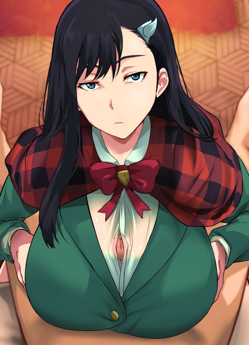 1boy 1girls alternate_breast_size big_breasts black_hair bleach blue_eyes bow bowtie breasts burn_the_witch cafekun closed_mouth clothed_female_nude_male emotionless emotionless_sex expressionless female green_jacket green_shirt hair_ornament hi_res highres huge_breasts jacket large_breasts light-skinned_female light-skinned_male light_skin long_hair long_sleeves looking_at_viewer noel_niihashi paizuri paizuri_lead_by_female paizuri_on_lap paizuri_under_clothes penis pov pov_eye_contact pov_paizuri red_bow red_bowtie shirt solo_focus straight