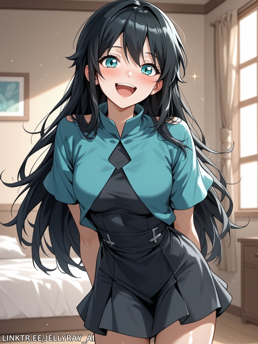 :d ai_generated aqua_eyes arms_behind_back bangs black_dress black_hair blush breasts cowboy_shot curtains dress female indoors jellyray_ai long_hair looking_at_viewer open_mouth rurin_(the_wizard's_restaurant) shirt short_sleeves smile solo the_wizard's_restaurant webtoon window