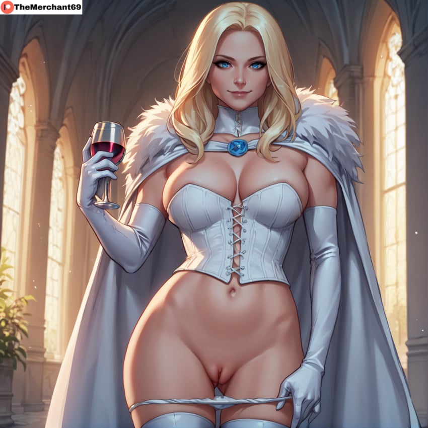 ai_generated blonde_female blonde_hair blue_eyes bottomless_female breasts emma_frost female female_only hellfire_club large_breasts marvel marvel_comics panties panties_down pussy shaved_pussy showing_pussy teasing teasing_pussy teasing_viewer themerchant69 vagina white_queen wine_glass x-men