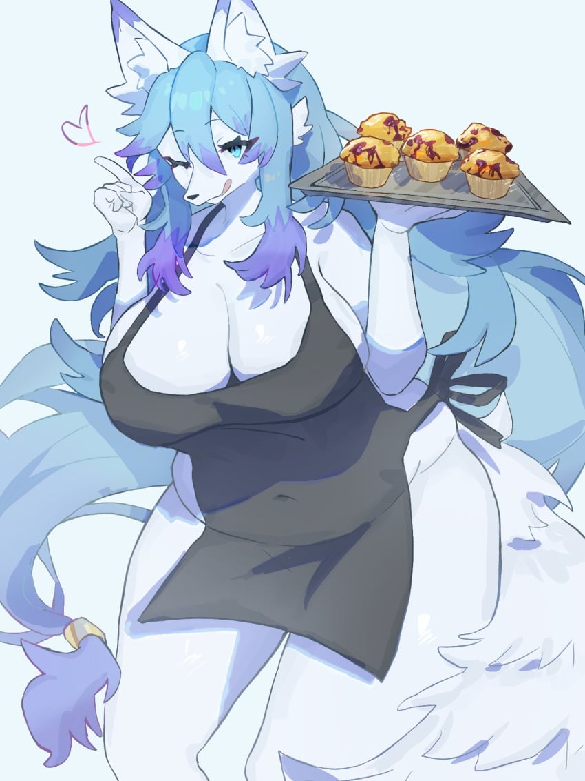 3:4 anthro apron apron_only baburusushi big_breasts breasts canid canine cleavage clothed clothing curvy_figure female female_anthro food fox heart_symbol hi_res kemono lily_mari mammal mostly_nude muffin no_underwear slightly_chubby slightly_chubby_female solo thick_thighs voluptuous