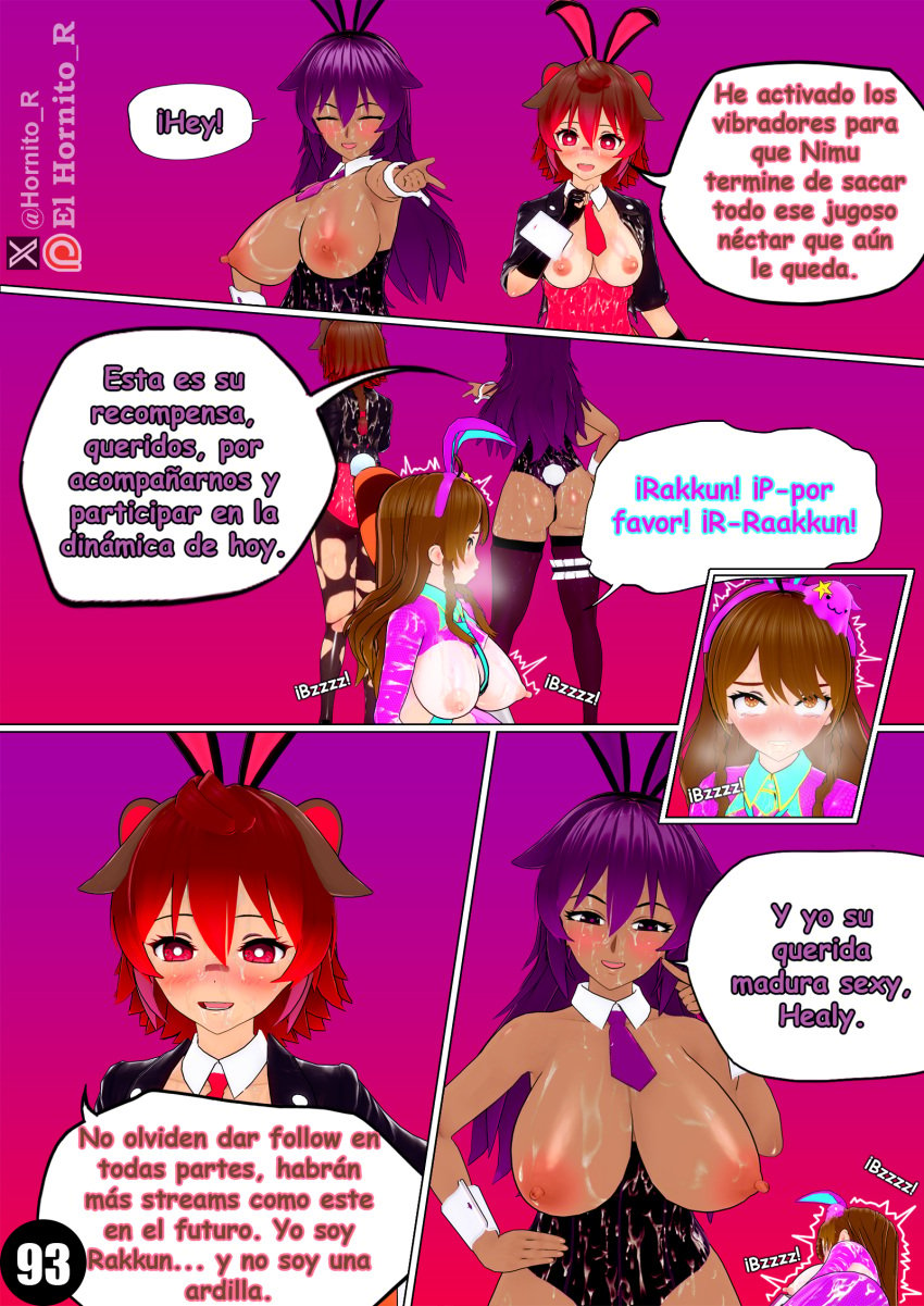 3girls age_difference ass big_ass big_breasts breasts bunny_costume bunny_ears bunny_girl bunny_tail bunnysuit comic_page el_hornito_r female female_only healy hips hispanic_virtual_youtuber koikatsu large_breasts mature mature_female nimu page_93 rakkun spanish_text tan_body tan_skinned_female tie twitch vibrator virtual_youtuber vtuber