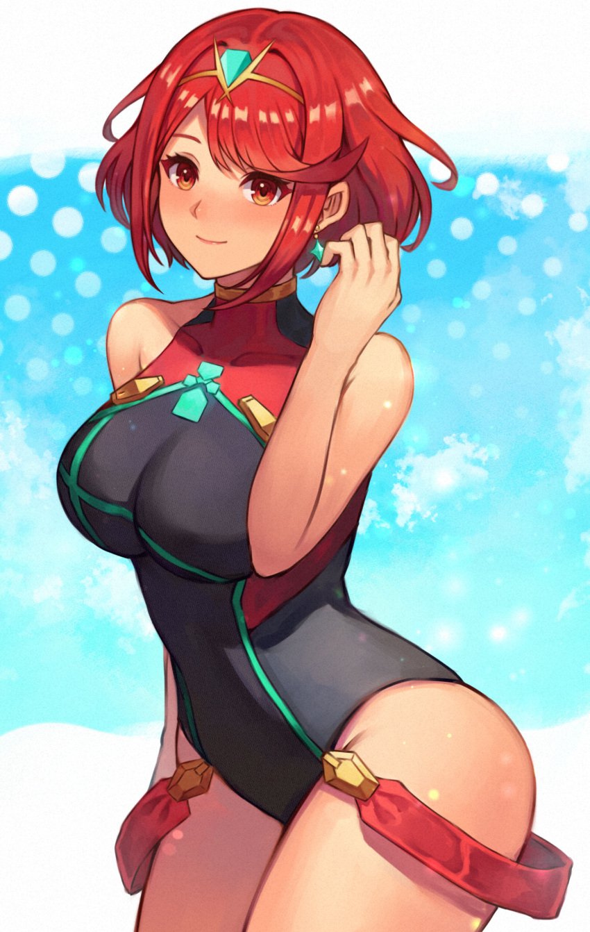 1girls absurdres bare_arms bare_shoulders breasts closed_mouth cowboy_shot earrings female hand_up highres jewelry large_breasts looking_at_viewer official_alternate_costume one-piece_swimsuit pyra pyra_(pro_swimmer)_(xenoblade) pyra_(xenoblade) red_eyes red_hair short_hair smile solo swept_bangs swimsuit turtleneck turtleneck_one-piece_swimsuit xenoblade_(series) xenoblade_chronicles_(series) xenoblade_chronicles_2