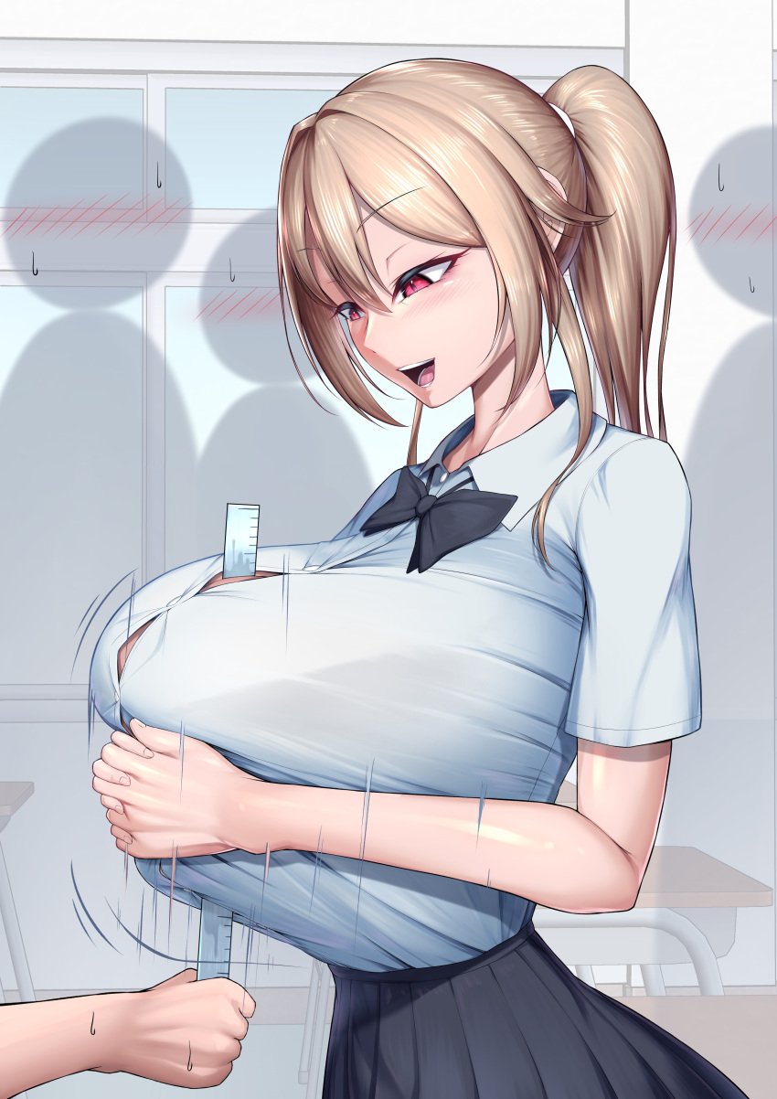 1boy 1girls absurdres big_breasts blush breasts breasts_squeezed_together classroom furen_e_lustario grabbing grabbing_own_breast group hi_res highres huge_breasts large_breasts light_brown_hair long_hair looking_down mikage_77777 motion_lines nijisanji open_mouth paizuri pleated_skirt ponytail red_eyes ribbon ruler school_uniform seductive_smile shiny_skin shirt smile straight sweat virtual_youtuber