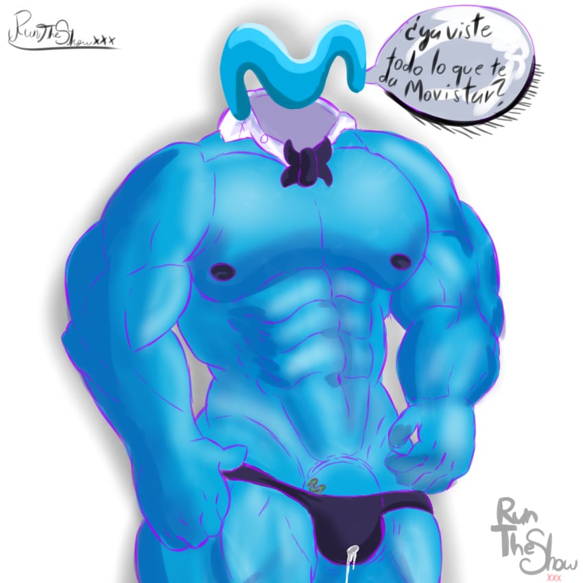 abs blue_skin cum cum_drip male meme movistar muscles only only_male pecs question simple_background text text_bubble thong_underwear white_background