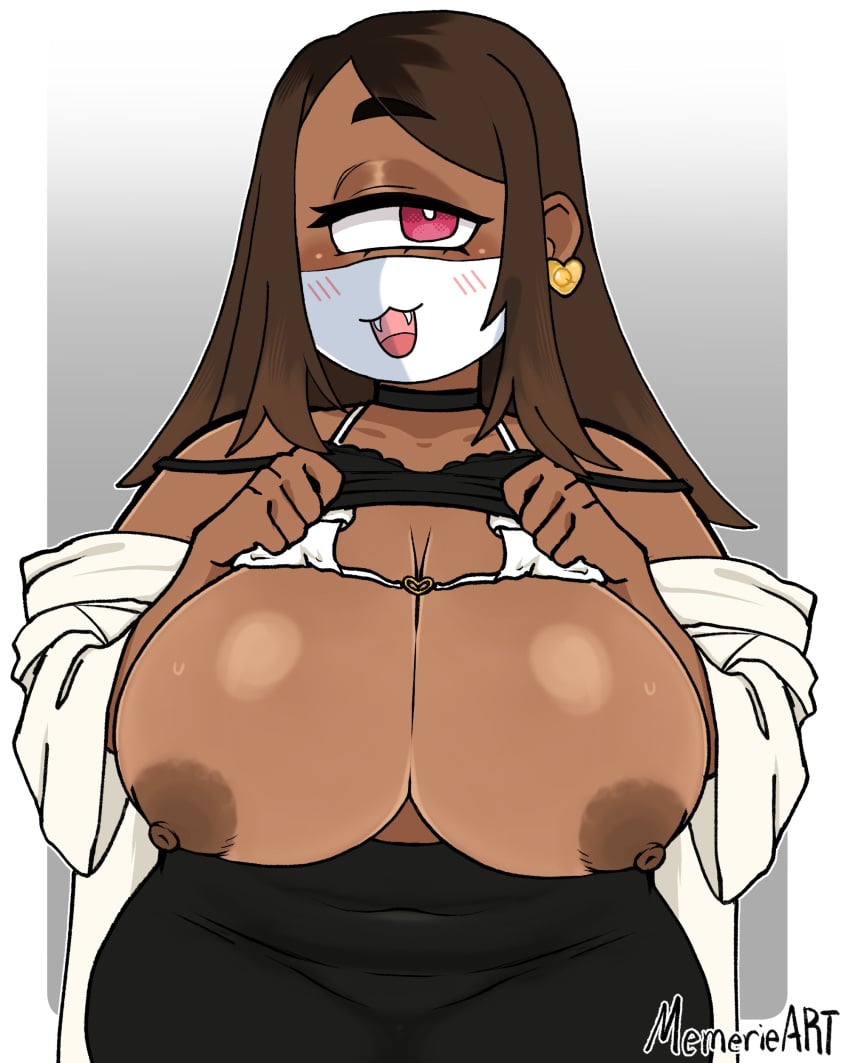 1girls 2024 areolae big_breasts breasts breasts_out brown_hair choker clothes_lift commission cyclops dark-skinned_female dark_skin earrings evey_(inoiiying) female female_only hi_res long_hair looking_at_viewer memerieart mouth_mask nipples red_eyes solo three-quarter_portrait