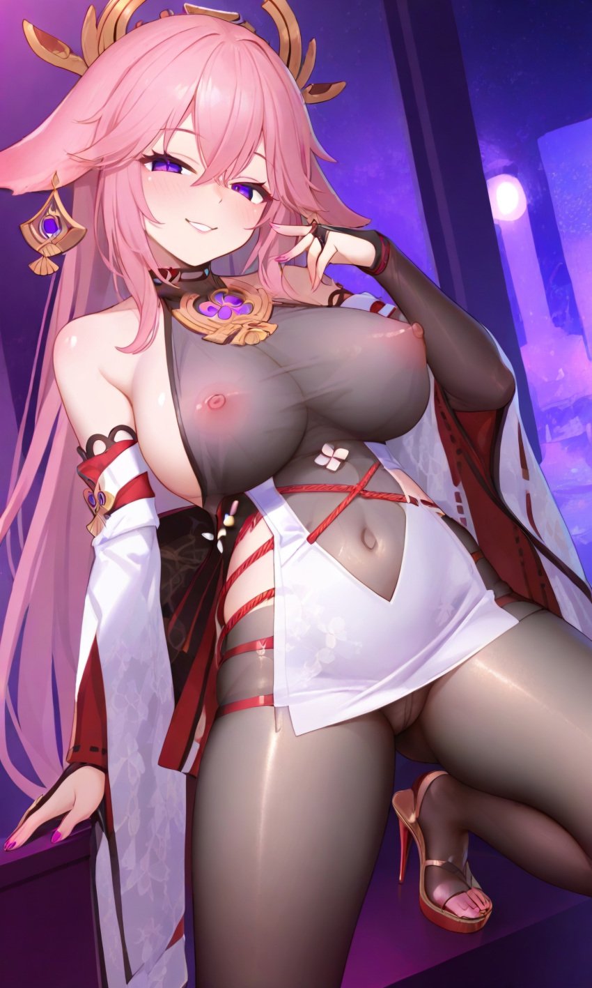 big_breasts breasts footwear fox fox_ears fox_girl genshin_impact high_heels hoyoverse jewelry legs legwear long_hair looking_at_viewer nipples nipples_visible_through_clothing open_legs outcyli731 pantyhose pink_hair pink_nipples purple_hair pussy sideboob thick_thighs yae_miko