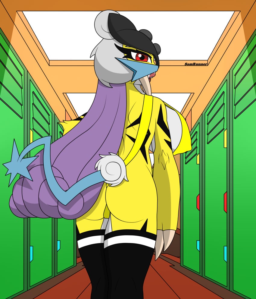 anthro ass ass_focus ass_up big_ass big_breasts breasts clothing female female_focus female_only fur furry game_freak humanoid legendary_pokémon looking_at_viewer looking_back nintendo pokémon_(species) pokemon presenting raikou samrunner small_waist thick_thighs thighhighs thighs video_games waist