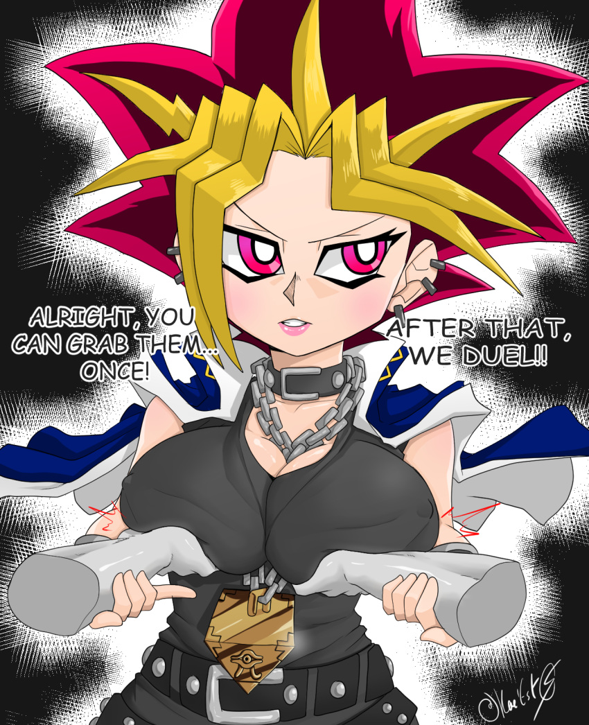 1boy 1girls big_breasts breast_grab breasts clothed_female disembodied_hand female kae-est_art large_breasts lipstick pink_lipstick rule_63 short_hair text two_tone_hair upper_body yami_yugi yu-gi-oh!