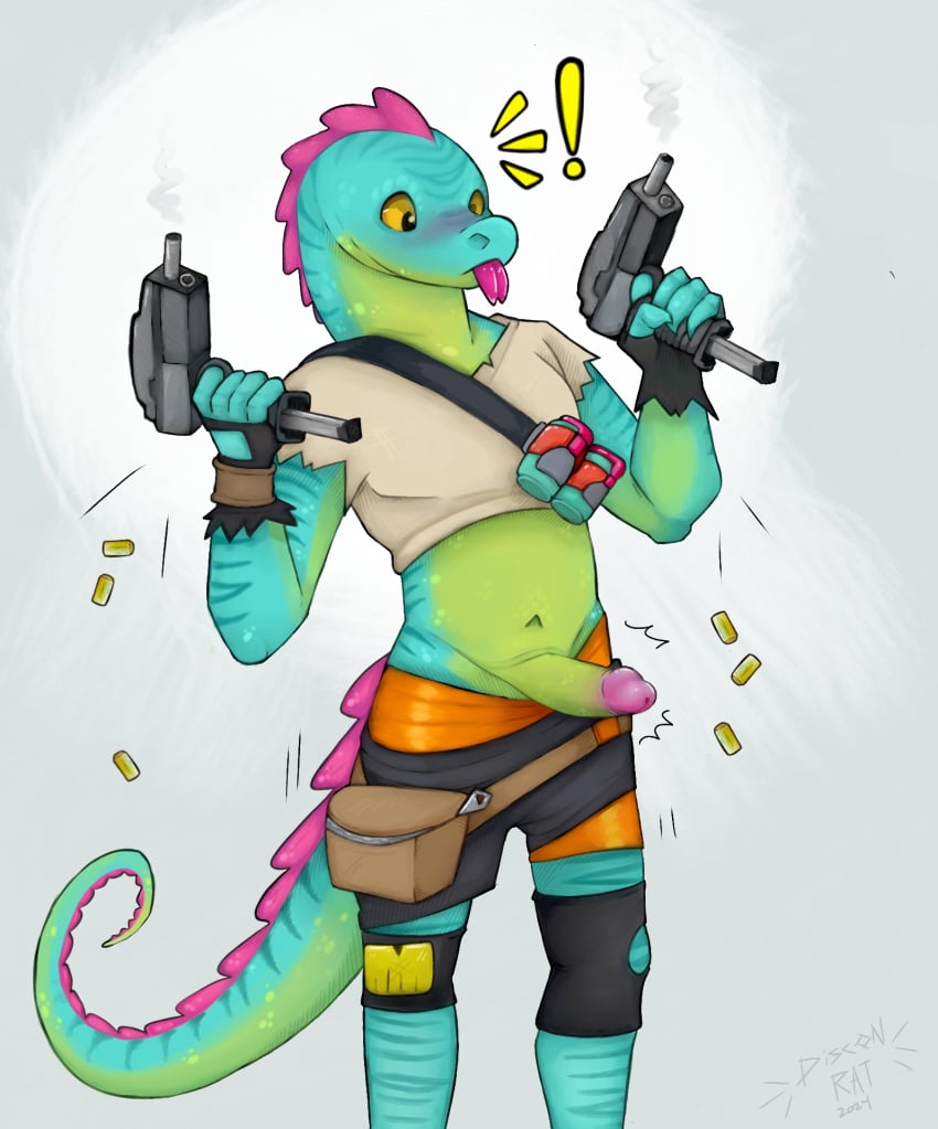 anonimouse anthro blush bottomwear bottomwear_down clothed clothing discon_rat embarrassed epic_games erection fanny_pack fortnite gun hi_res iguana iguanid lizard lizzik_(fortnite) male male_only pants pants_down partially_clothed ranged_weapon reptile scalie solo surprised_expression weapon