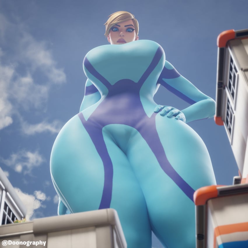 1girls 3d 3d_(artwork) big_breasts blonde blonde_hair blonde_hair_female blue_eyes breasts city clothed clothed_female commission doonography female female_focus female_only giant_female giant_woman giantess large_breasts light-skinned_female light_skin looking_at_viewer looking_down looking_down_at_viewer looming looming_over metroid nintendo samus_aran skin_tight skin_tight_suit standing thick_thighs thighs tight_clothing ych