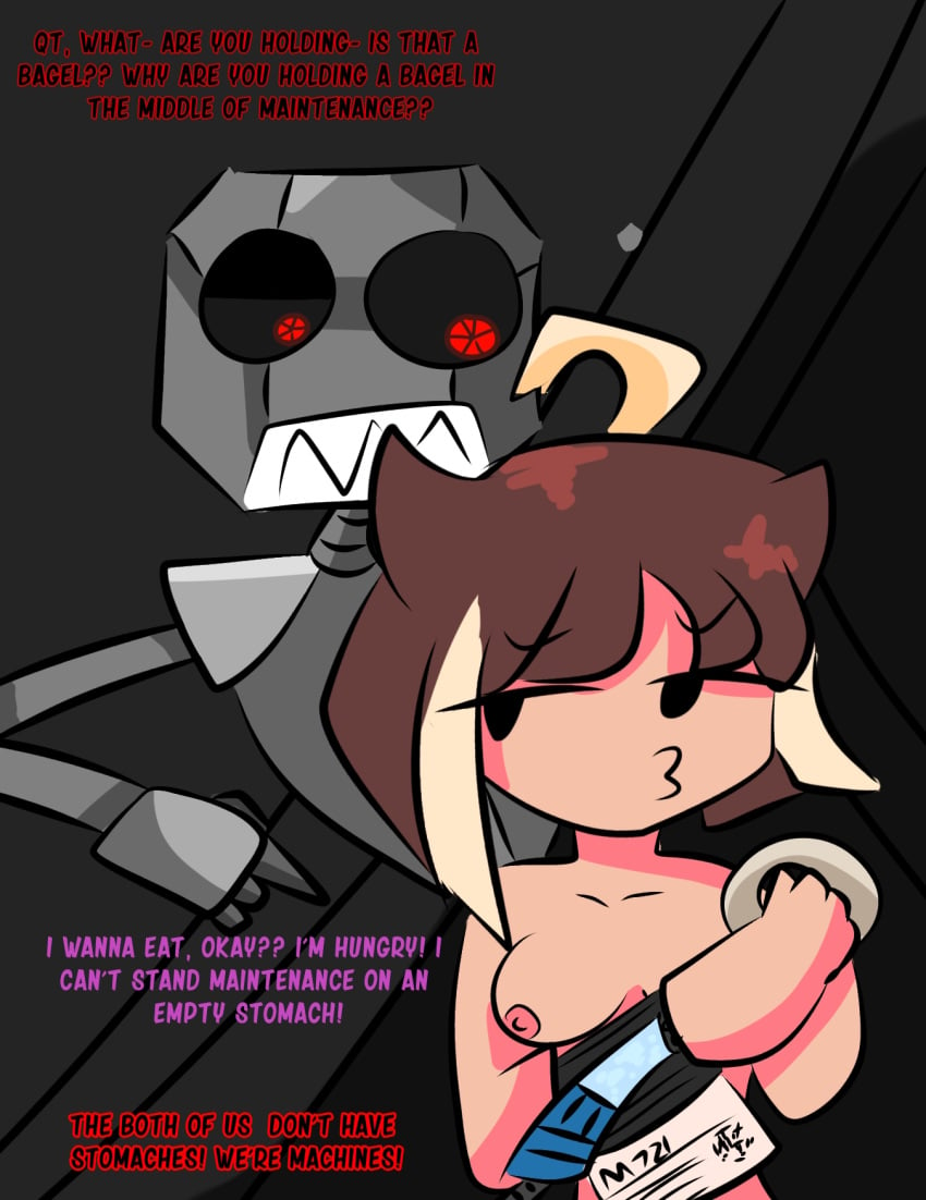 bagel black_eyes brown_hair casual_nudity cute female food friday_night_funkin kb_(friday_night_funkin) machine meme mob_face naked qt_(friday_night_funkin) red_eyes robot robot_girl