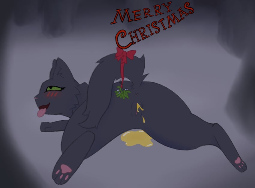 anus bodily_fluids christmas domestic_cat felid feline felis female feral genital_fluids genitals hi_res holidays holly_(plant) hollyleaf_(warriors) looking_back mammal peeing plant pussy rear_view smile soliloquysol solo urine warriors_(book_series) watersports