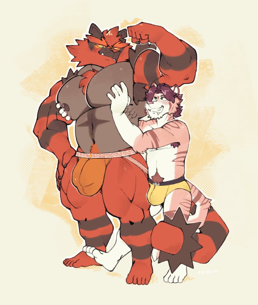 2024 absurd_res anthro anthro_on_anthro areola armpit_hair barazoku barefoot belly biceps big_bulge big_muscles blush bodily_fluids body_hair bulge claws clothed clothing duo eyebrows feet felid flexing flexing_bicep fur generation_7_pokemon hair hand_on_chest hand_on_pecs happy_trail hi_res huge_bulge huge_muscles incineroar jockstrap jockstrap_only kemono looking_at_another male male/male mamenoko mammal manly muscle_worship musclegut muscular muscular_anthro muscular_male navel nintendo nipples pantherine partially_clothed pec_grab pec_play pecs plantigrade pokemon pokemon_(species) pubes quads reach_around simple_background size_difference smile standing sweat teeth thick_arms thick_thighs tiger topless topless_anthro topless_male tuft underwear underwear_down underwear_only white_background