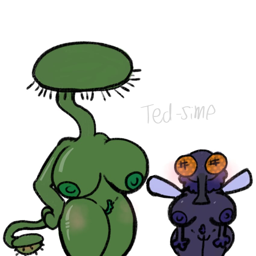 anthro arthropod big_breasts big_female black_body blush breasts carnivorous_plant duo female fly_(animal) green_body hi_res huge_breasts humanoid insects looking_up_at_another neck_tuft plant size_difference smaller_female ted-simp tuft venus_flytrap wings