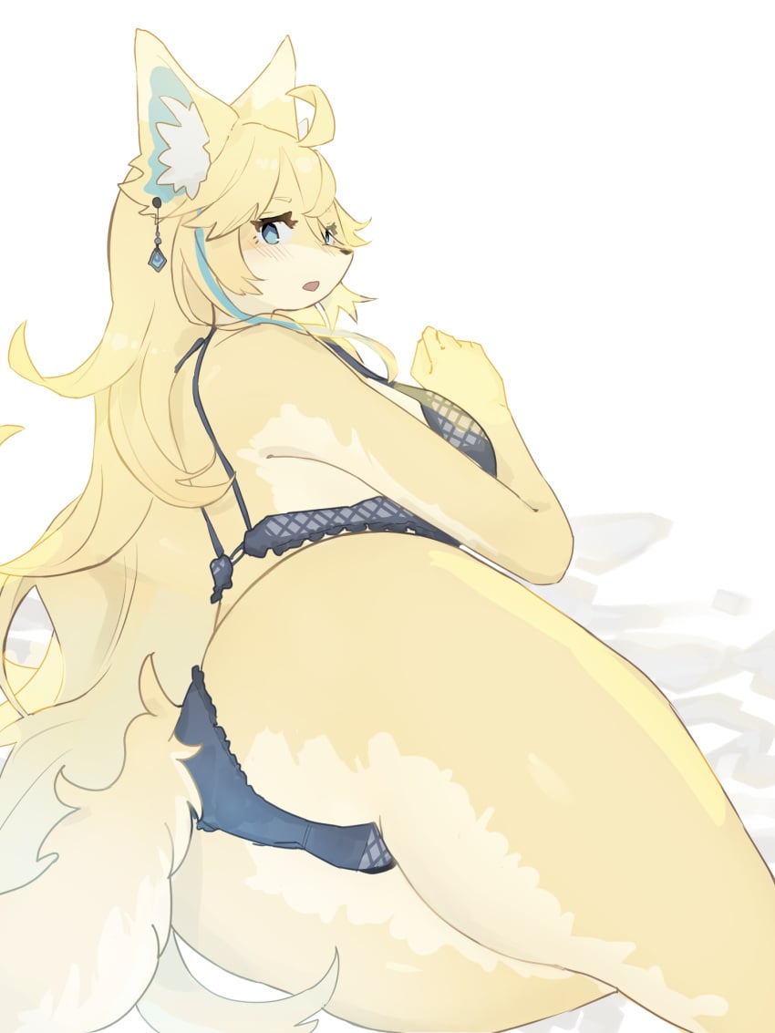 2021 3:4 5_fingers ahoge anthro ass baburusushi big_breasts blue_eyes blush bra breasts canid canine clothed clothing digital_media_(artwork) ear_piercing female female_anthro fingers fox fur hair hi_res huge_breasts inner_ear_fluff kemono lingerie long_hair looking_at_viewer looking_back looking_back_at_viewer mammal panties piercing solo tail tan_body tan_fur tan_hair tuft underwear white_body white_fur