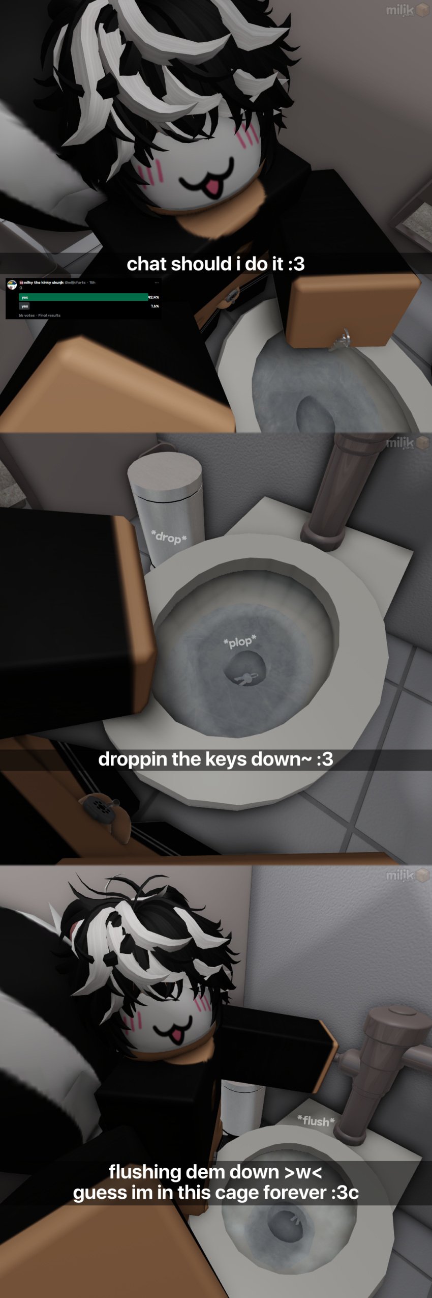 3d bathroom caption chastity_cage femboy humiliation key_disposal keys miljkfarts_(artist) milky_(miljkfarts) public_restroom roblox robloxian skunk_boy skunk_tail toilet