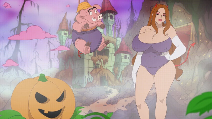 1girls animated big_ass big_breasts brown_hair cleavage costume debra_(discreenvision) discreenvision gif halloween huge_breasts inusen large_breasts leotard light-skinned_female light_skin long_hair looking_at_viewer makeup milf nipple_bulge pig standing succubus succubus_horns tail the_secret_of_the_house