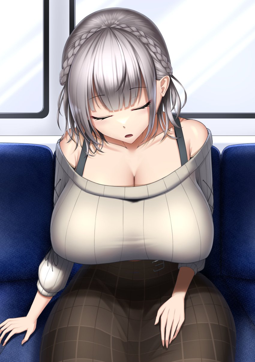 1girls 2022 bare_shoulders big_breasts bra cleavage closed_eyes clothed_female collarbone densha female female_focus female_only hi_res highres hololive hololive_fantasy hololive_japan huge_breasts mikage_77777 shirogane_noel sitting sleeping top_view train virtual_youtuber