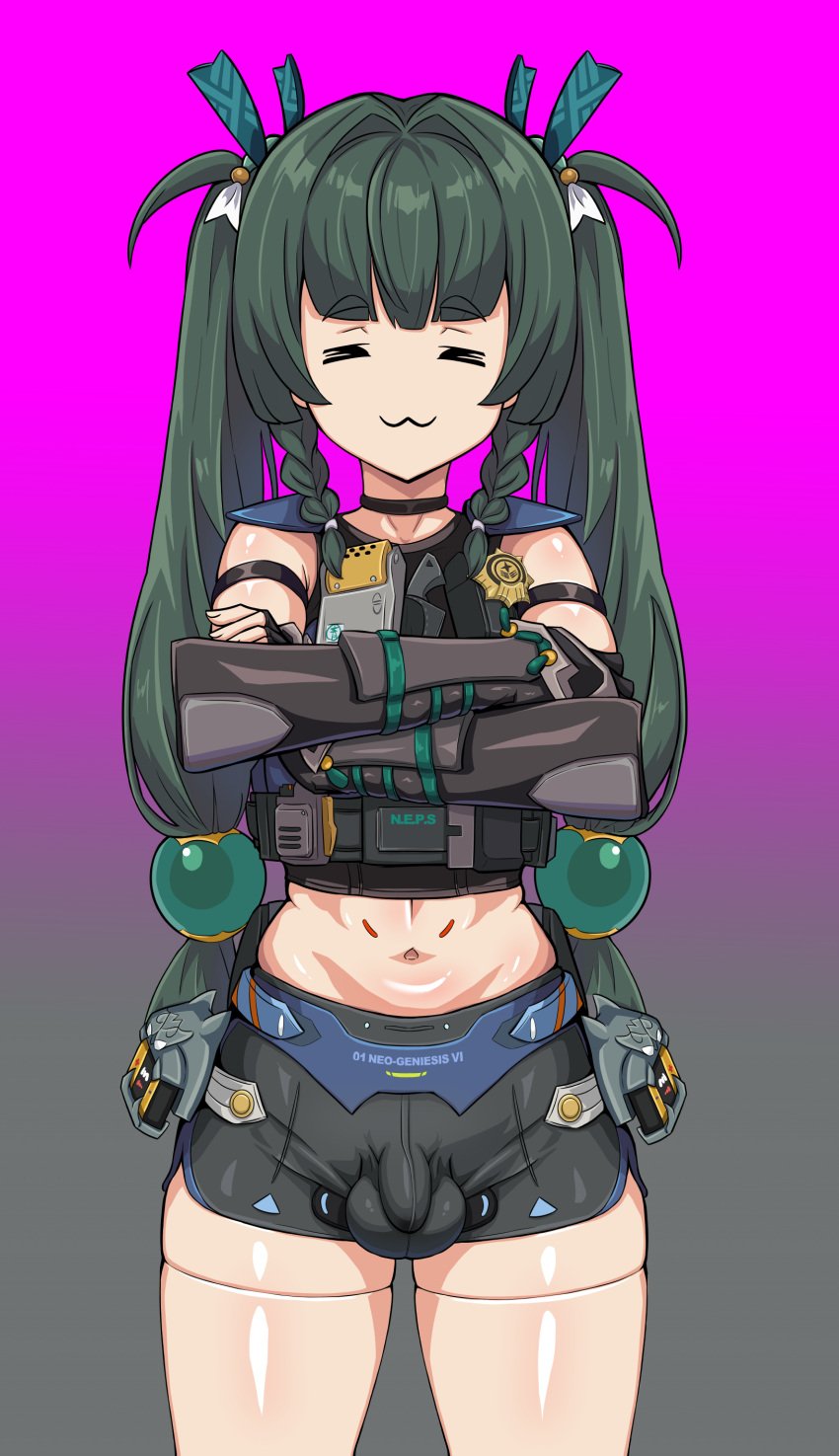 1futa :3 absurd_res alternate_version_available arms_crossed closed_eyes clothed clothed_futanari cowboy_shot dark_green_hair futanari futough45 gradient_background green_hair gynoid hair_ornament height_difference hi_res long_hair midriff more_at_source navel penis_bulge petite qingyi_(zenless_zone_zero) short_shorts shorts testicle_bulge twintails very_long_hair zenless_zone_zero