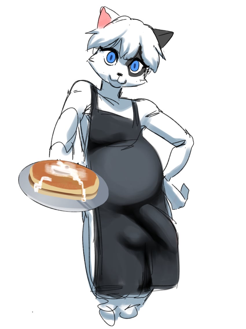 anthro big_bulge bulge clothed clothing detailed_bulge domestic_cat felid feline felis food hi_res kuroneko_(artist) male mammal meko pancake pregnant pregnant_male solo