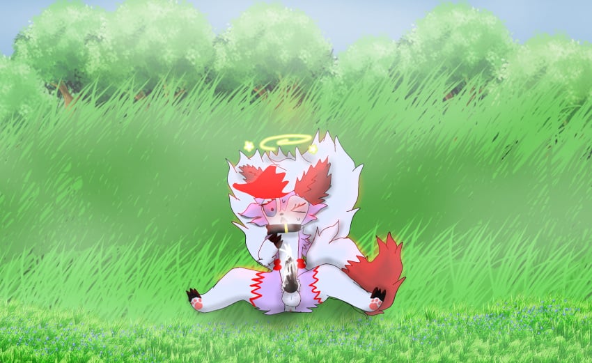 anthro bodily_fluids collar cum fan_character generation_7_pokemon genital_fluids genitals hi_res lycanroc male nintendo oliver_lycanroc oliver_lycanroc_(character) outside penis pokemon pokemon_(species) solo