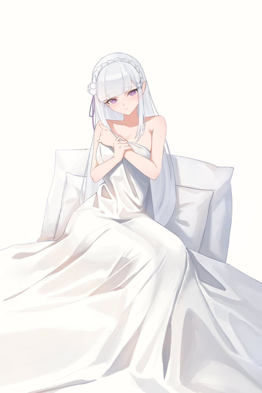 1girls blanket clothes_removed covering_breasts elf elf_ears elf_female emilia_(re:zero) exposed_shoulders kidnapped light-skinned_female light_skin looking_at_viewer naked naked_female nude nude_female on_bed purple_eyes re:zero_kara_hajimeru_isekai_seikatsu silver_hair sitting solo undressed white_background