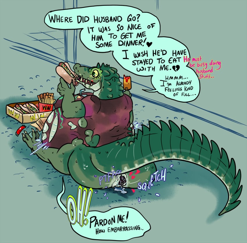 alligatorid anal anal_vore anthro anus caiman clothing crocodilian dialogue eating eating_food fart fast_food female food gaping gaping_anus malachhamavet oblivious overweight overweight_female puffy_anus rear_view reptile scalie solo speech_bubble stomach_bulge torn_clothing unaware_pred unwilling_pred vore weight_gain wet