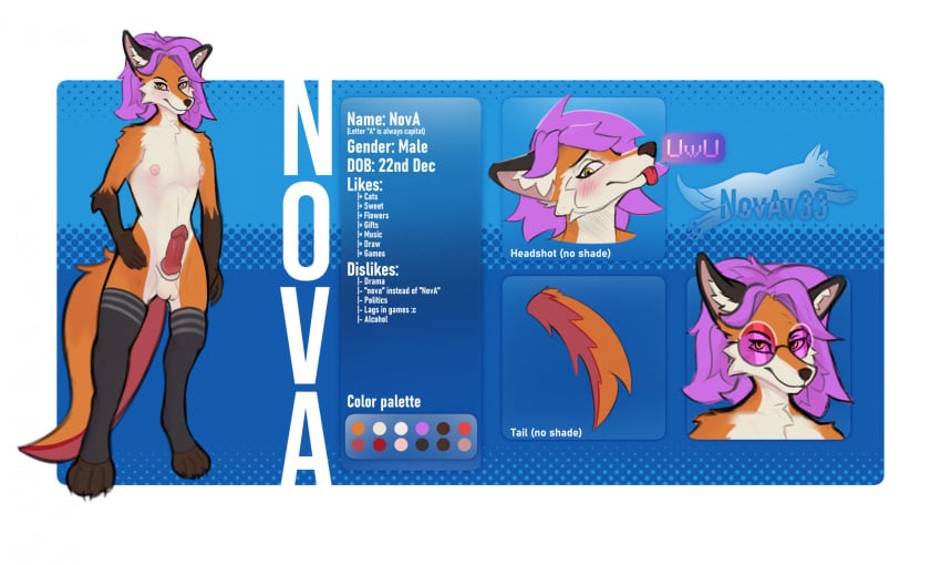 animal_genitalia anthro balls blush bottomwear canid canine canine_genitalia clothing eyewear femboy fox fur genitals glasses hair hi_res legwear looking_at_viewer looking_up male mammal model_sheet nipples nova_(novav33) novav33 orange_body orange_fur pants penis pink_hair smile solo standing stockings