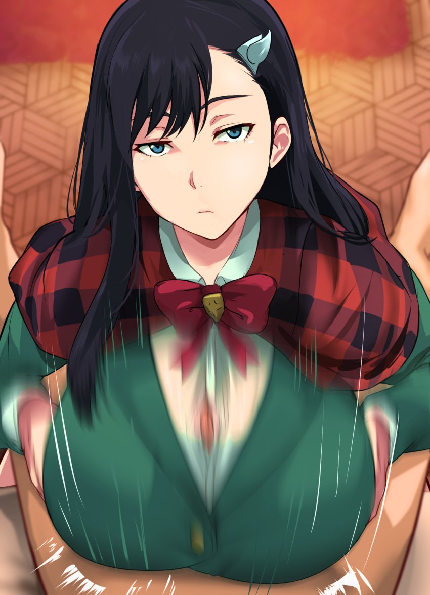 1boy 1girls alternate_breast_size big_breasts black_hair bleach blue_eyes bow bowtie breasts burn_the_witch cafekun closed_mouth clothed_female_nude_male emotionless emotionless_sex expressionless female green_jacket green_shirt hair_ornament hi_res highres huge_breasts jacket large_breasts light-skinned_female light-skinned_male light_skin long_hair long_sleeves looking_at_viewer motion_blur motion_lines noel_niihashi paizuri paizuri_lead_by_female paizuri_on_lap paizuri_under_clothes penis pov pov_eye_contact pov_paizuri red_bow red_bowtie shirt solo_focus straight