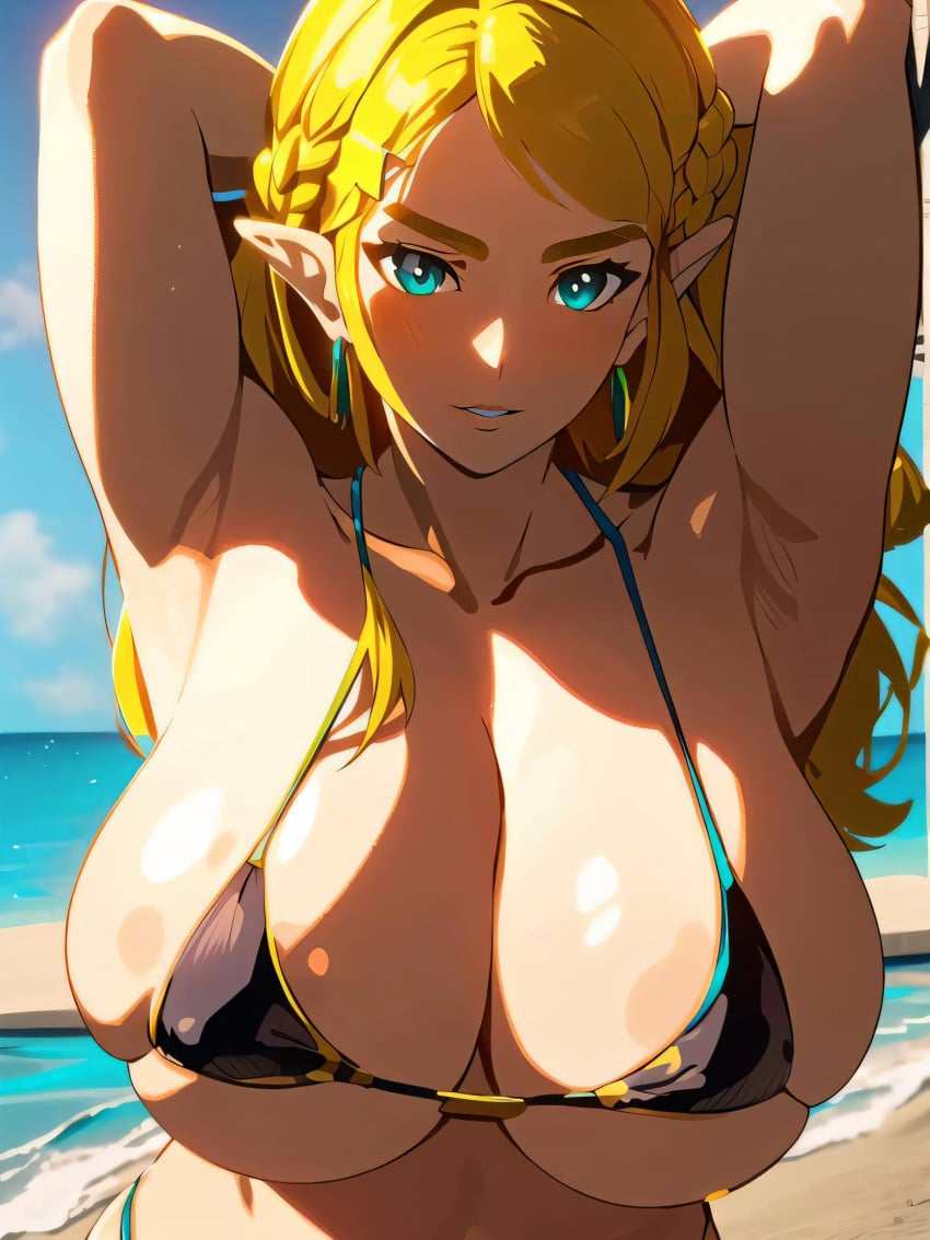 ai_generated beach big_breasts bikini blonde_hair blue_eyes breasts cleavage enormous_breasts female female_only gigantic_breasts huge_breasts humongous_breasts large_breasts larger_female long_hair massive_breasts massive_tits milkers