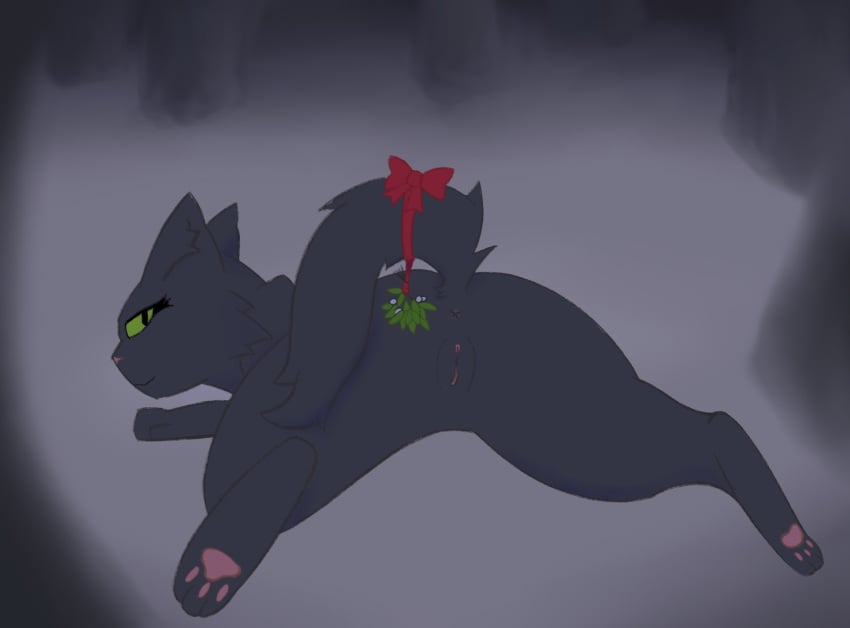 anus christmas domestic_cat felid feline felis female feral genitals hi_res holidays holly_(plant) hollyleaf_(warriors) looking_back mammal plant pussy rear_view smile soliloquysol solo warriors_(book_series)