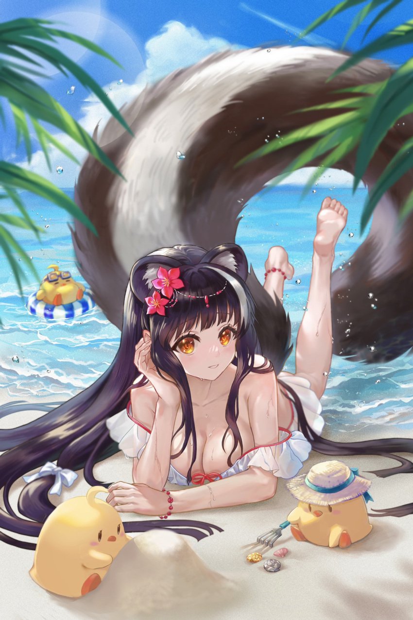 1girls azur_lane beach big_breasts blonde_hair cleavage collarbone color colored complex_background female female_focus flower_in_hair fluffy_tail hand_on_head large_breasts laying_down looking_at_viewer manjuu_(azur_lane) naganami_(azur_lane) ocean skunk_ears skunk_girl skunk_tail smile smiling smiling_at_viewer swimsuit tail water white_hair yellow_eyes