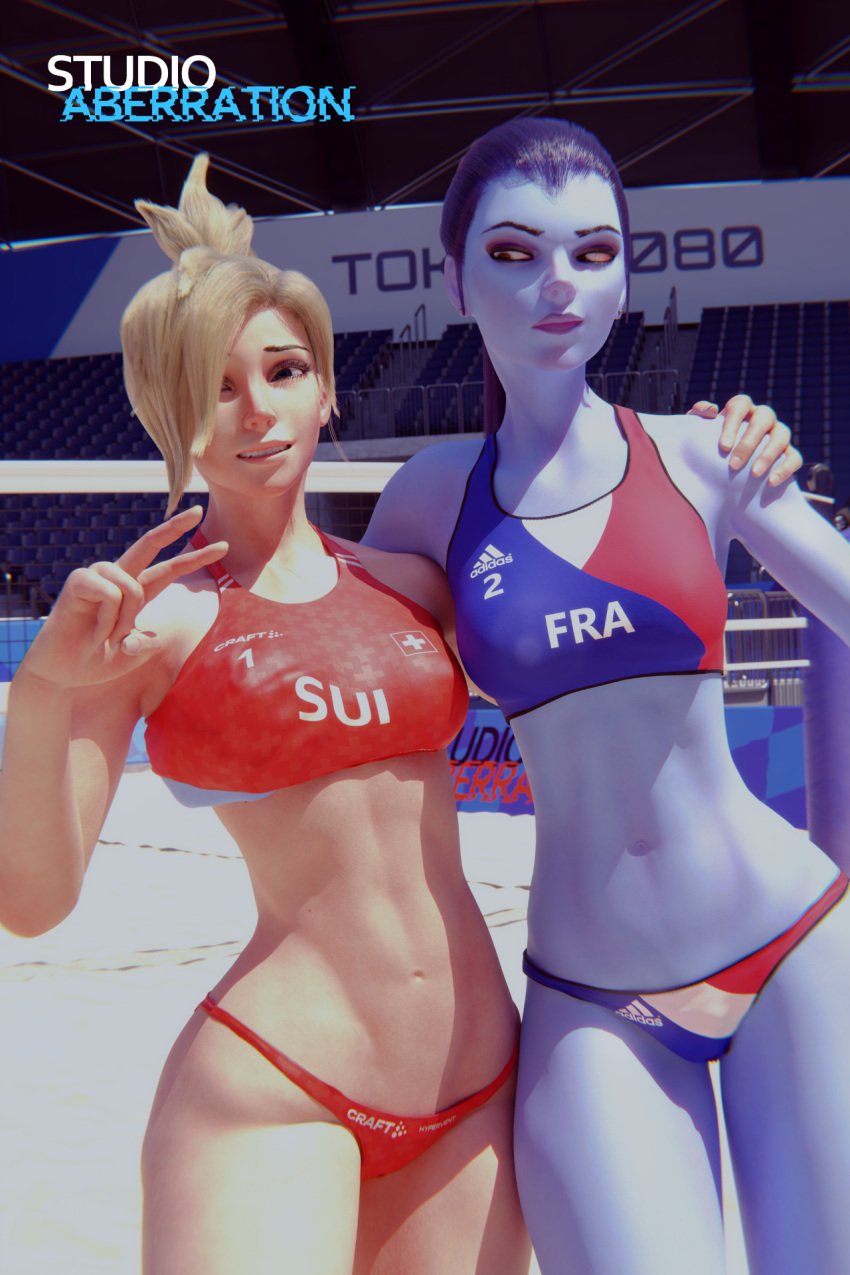 2girls 3d 3d_(artwork) abs athletic athletic_female beach_ball belly belly_button bikini bikini_bottom bikini_top blizzard_entertainment blonde_hair female female_focus female_only hand_on_shoulder hi_res looking_at_another looking_at_viewer mercy national_personification navel olympics overwatch ponytail purple_hair purple_skin sand sports_uniform sportswear studioaberration swimsuit volleyball volleyball_uniform widowmaker