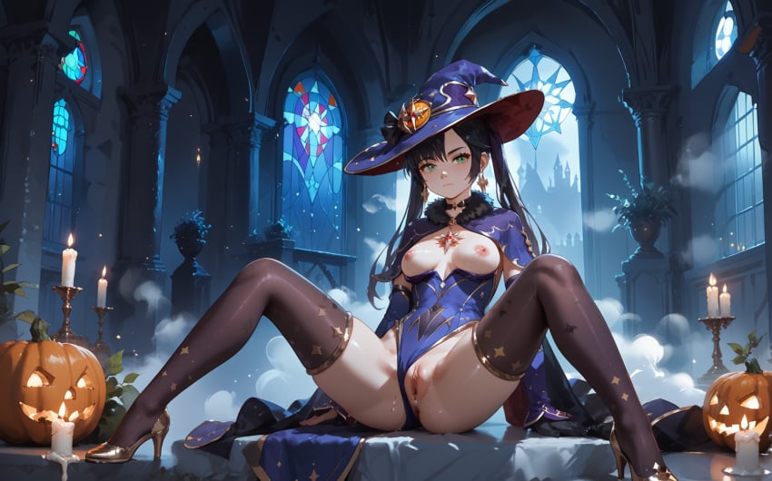 1girls ai_generated akira_hentai altar black_choker black_gloves black_hair black_pantyhose bra breasts candles capelet dark detached_sleeves female fur_collar genshin_impact gold_footwear halloween high_heels highleg-leotard long_hair long_sleeves magic mona_(genshin_impact) mysterious nipples pumpkins purple_leotard seductive sexy shadows sitting stained-glass stone thighlet titswitch twintails