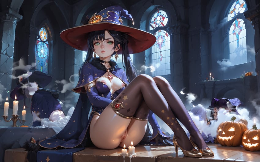 ai_generated akira_hentai altar black_choker black_gloves black_hair black_pantyhose bra breasts breasts_exposed_ candles capelet dark detached_sleeves female fur_collar genshin_impact gold_footwear halloween high_heels highleg-leotard long_hair long_sleeves magic mona_(genshin_impact) mysterious nipples pumpkins purple_leotard seductive sexy shadows sitting stained-glass stone thighlet twintails