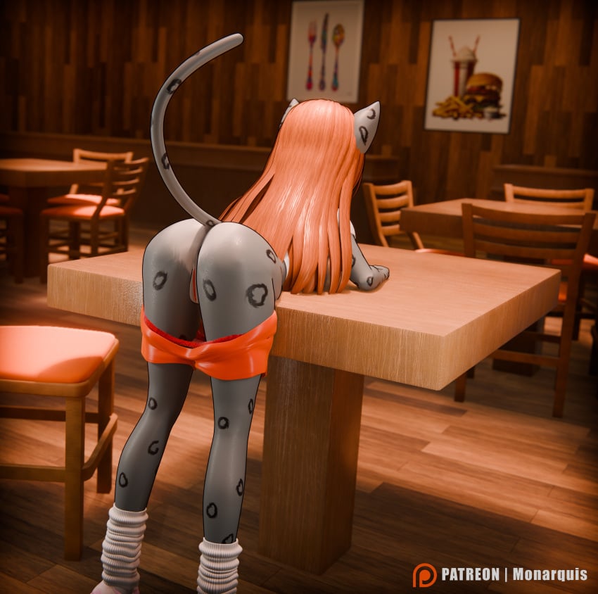 3d_(artwork) absurd_res anthro anus ass clothed clothing digital_media_(artwork) felid female footwear genitals hi_res hooters hooters_uniform mammal momo_(monarquis) monarquis nude nude_female pantherine panties panties_down partially_clothed pubes pussy snow_leopard socks solo underwear underwear_down