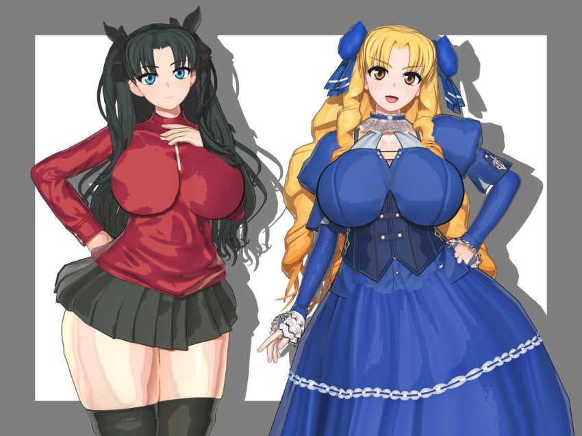 2girls ai_generated artist_request big_breasts blonde_hair blue_eyes breasts busty busty_female clothed dark_hair fate/hollow_ataraxia fate/kaleid_liner_prisma_illya fate_(series) female_only golden_eyes inminent_sex large_breasts luviagelita_edelfelt thick_thighs thighs tohsaka_rin younger_female