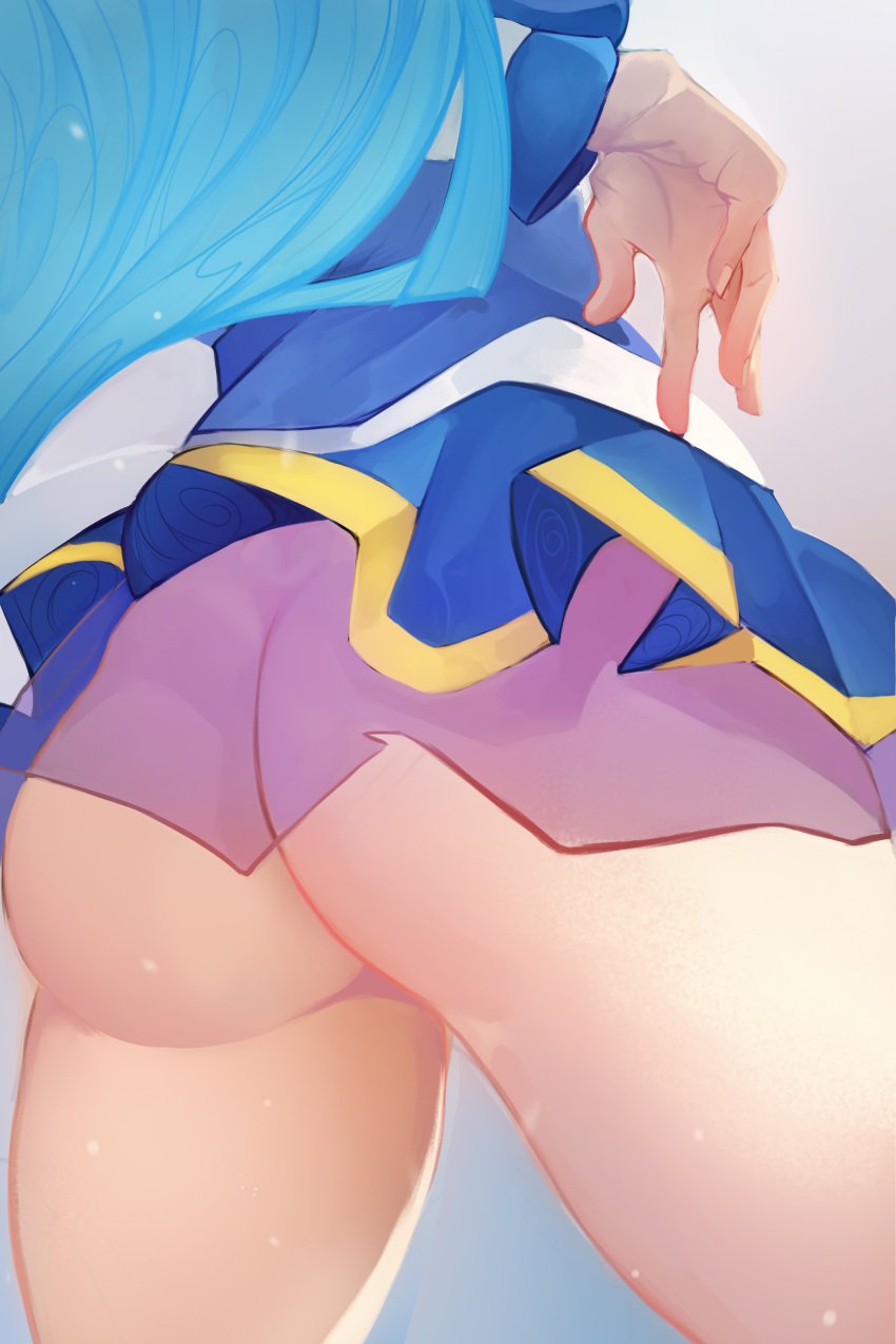 absurd_res aqua_(konosuba) ass ass_focus big_ass blue_hair blue_shirt blue_skirt close-up female from_behind kono_subarashii_sekai_ni_shukufuku_wo! long_hair lower_body microskirt no_panties open_legs sisqueira solo thighs white_background