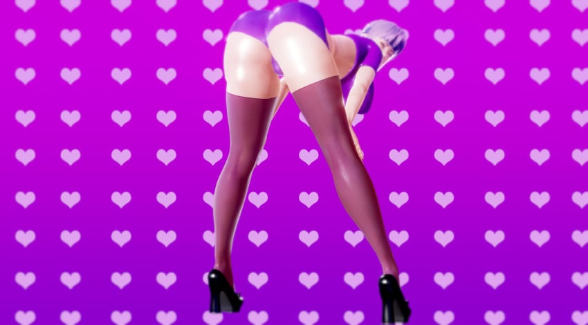 1girls 3d aikawa_aiko ass ayane_(doa) bending_forward bending_over big_ass busty clothed clothing dead_or_alive full_body high_heels purple_hair rear_view red_eyes stockings