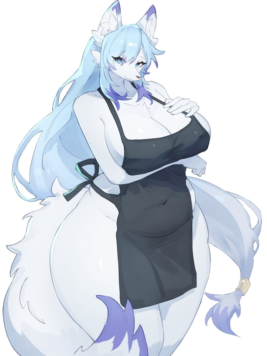 2021 3:4 5_fingers anthro apron apron_only baburusushi belly big_breasts black_apron black_clothing blue_eyes blue_hair breasts canid canine chest_tuft cleavage clothed clothing curvy_figure ear_tuft female female_anthro fingers fluffy fluffy_tail fox fur hair hi_res kemono lily_mari long_hair looking_at_viewer love_handles mammal mature_anthro mature_female mostly_nude navel_outline no_underwear simple_background slightly_chubby smile snout solo standing tail thick_thighs tuft voluptuous white_background white_body white_fur wide_hips