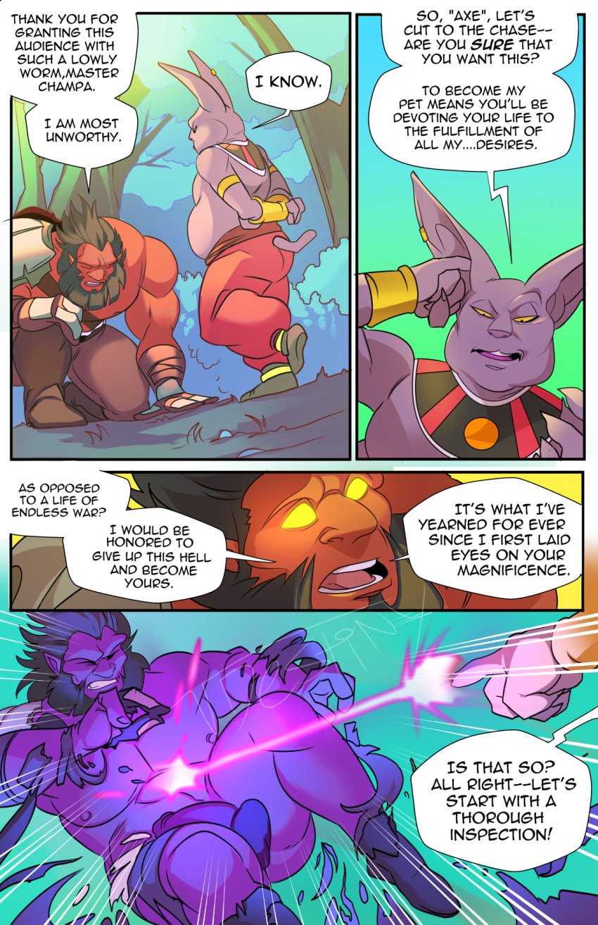 anthro balls belly champa clothing comic dragon_ball dragon_ball_super duo english_text flaccid genitals hi_res humanoid male male_only muscular muscular_humanoid muscular_male nude overweight penis purple_body red_body speech_bubble squarerootofdestiny submissive submissive_male text torn_clothing watermark yaoi