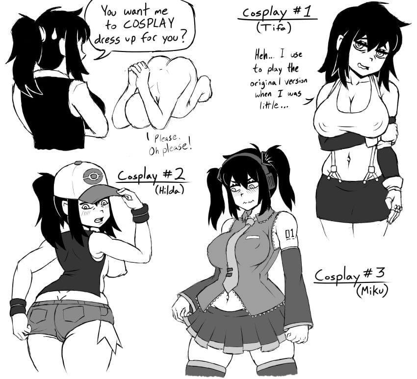 1boy 1girls alternate_costume big_breasts black_hair blush casper_(artist) cosplay dialogue dogeza embarrassed english_text female_focus final_fantasy_vii hatsune_miku_(cosplay) hilda_(pokemon)_(cosplay) long_hair mature_female mother_(the_coffin_of_andy_and_leyley) pokemon pokemon_bw renee_graves skimpy skirt text the_coffin_of_andy_and_leyley thighhighs tifa_lockhart_(cosplay) twintails vocaloid