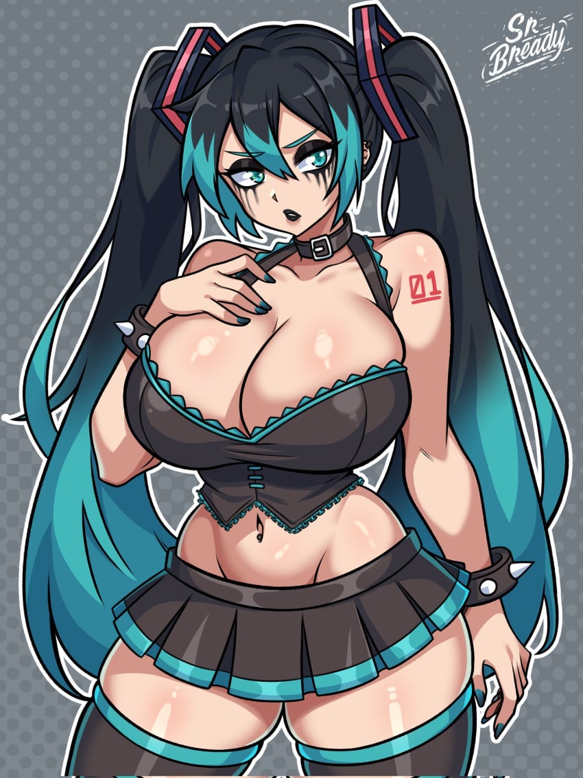 2024 belly_button_piercing big_breasts black_eyeshadow black_hair black_lips black_lipstick blue_eyes blue_hair blue_nails breasts cleavage collar corset female female_focus female_only goth goth_girl goth_miku grey_background hatsune_miku long_hair looking_away painted_fingernails painted_nails pierced_ears piercings running_mascara short_skirt skirt spiked_bracelet srbready thick_thighs thighhighs thighs tied_hair twintails vocaloid