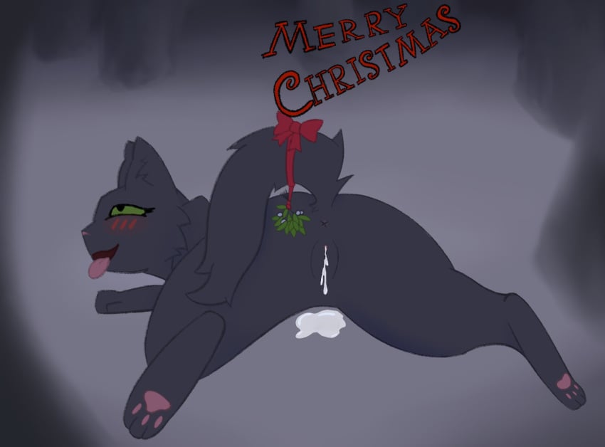 anus bodily_fluids christmas cum cum_in_pussy cum_inside domestic_cat felid feline felis female feral genital_fluids genitals hi_res holidays holly_(plant) hollyleaf_(warriors) looking_back mammal open_mouth open_smile plant pussy rear_view smile soliloquysol solo warriors_(book_series)