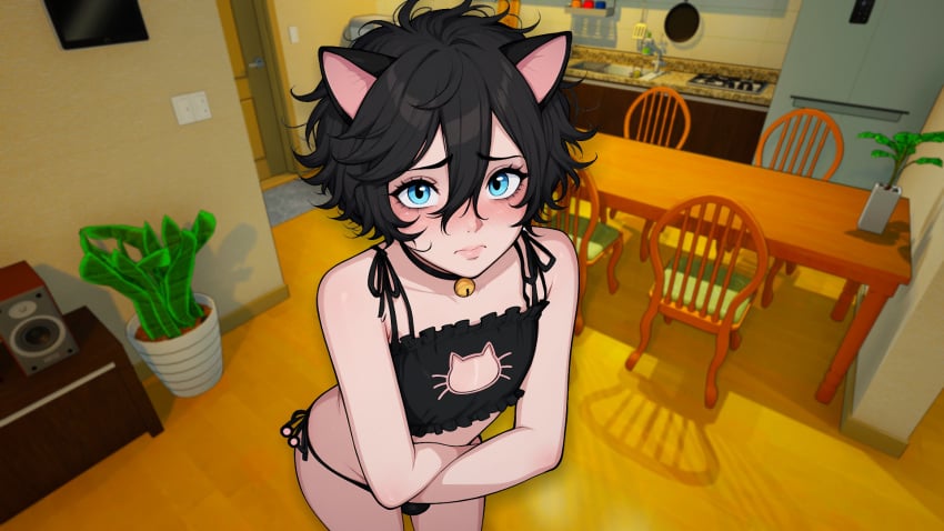 1boy 1femboy ai_generated blush cat_ears catboy femboy femboy_only girly girly_boy male male_only my_femboy_roommate nuteku robin_(my_femboy_roommate) trap voluptuous