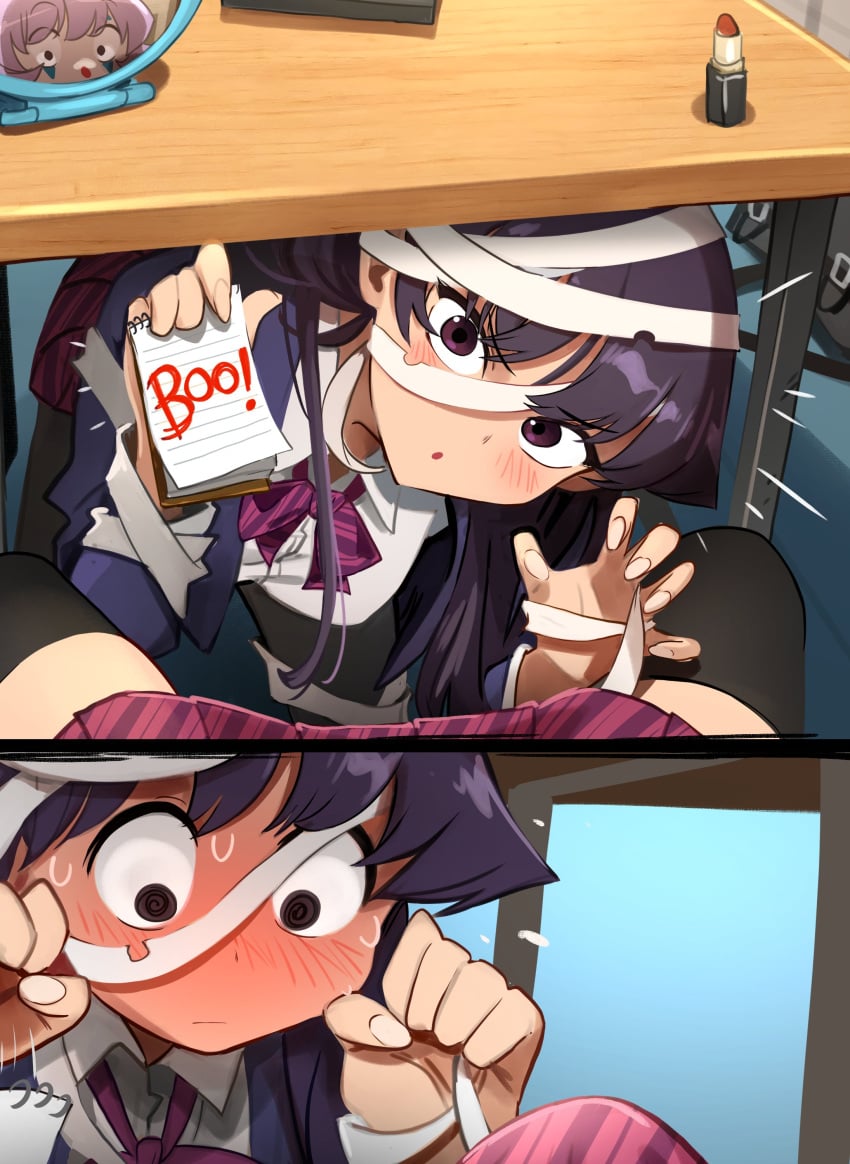 1female 1femboy 2024 2_panel_comic blush comedy femboy_on_female funny halloween imminent_sex joker_(cosplay) khyleri komi-san_wa_komyushou_desu komi_can't_communicate komi_shouko looking_at_viewer looking_under_clothing mummy_costume mummy_wrappings osana_najimi penis_awe purple_eyes purple_hair school school_uniform surprise sweat text under_desk violet_hair