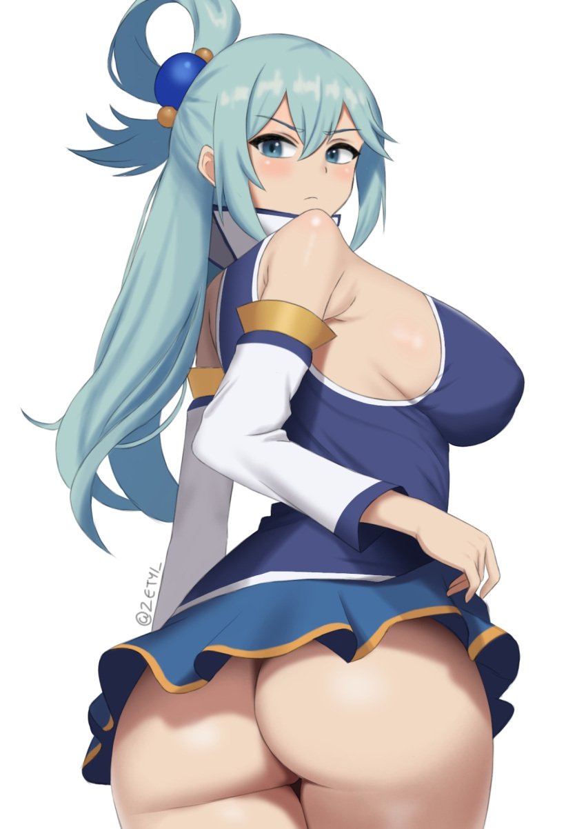 aqua_(konosuba) ass bare_shoulders blue_eyes blue_hair blue_shirt blue_skirt breasts covered_nipples detached_sleeves female from_behind hair_between_eyes hair_bobbles hair_ornament highres kono_subarashii_sekai_ni_shukufuku_wo! large_breasts long_hair looking_at_viewer looking_back microskirt no_panties sideboob simple_background white_background white_sleeves zetyi