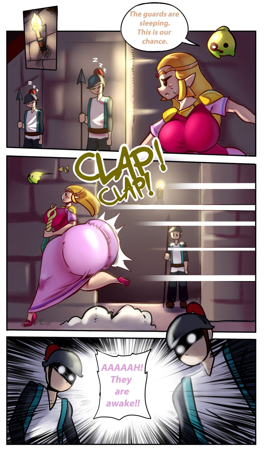 1girls 2boys ass_clapping blonde_hair bubble_butt comic echoes_of_wisdom gigantic_ass huge_breasts pink_dress princess_zelda running schnauzercito sneaking staff the_legend_of_zelda tri_(zelda)