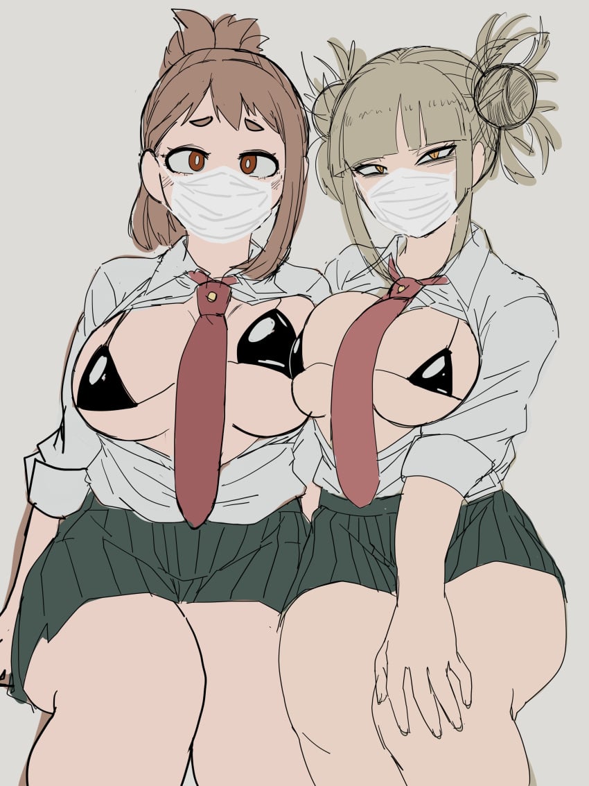 2girls absurdres blonde_hair boku_no_hero_academia breasts brown_hair highres himiko_toga mask medium_breasts mouth_mask multiple_girls my_hero_academia ochako_uraraka skirt tagme toga_himiko uraraka_ochako yellow_eyes